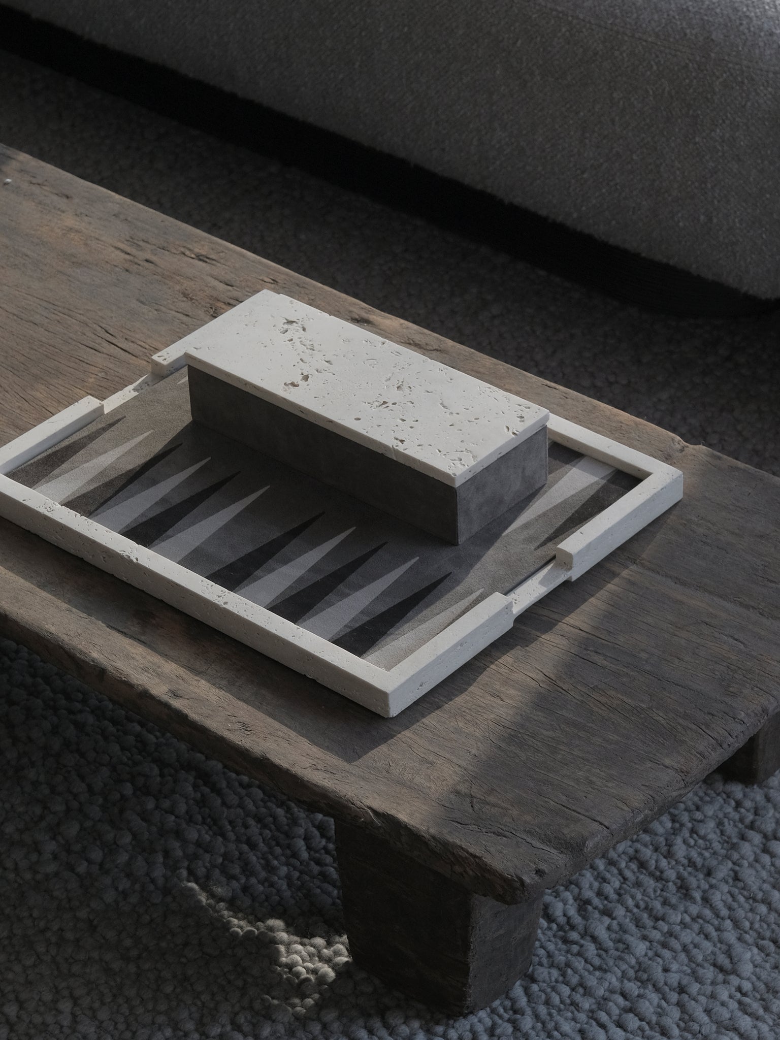 Backgammon in travertine, suede and wood by Giobagnara - Available at Rue Verte